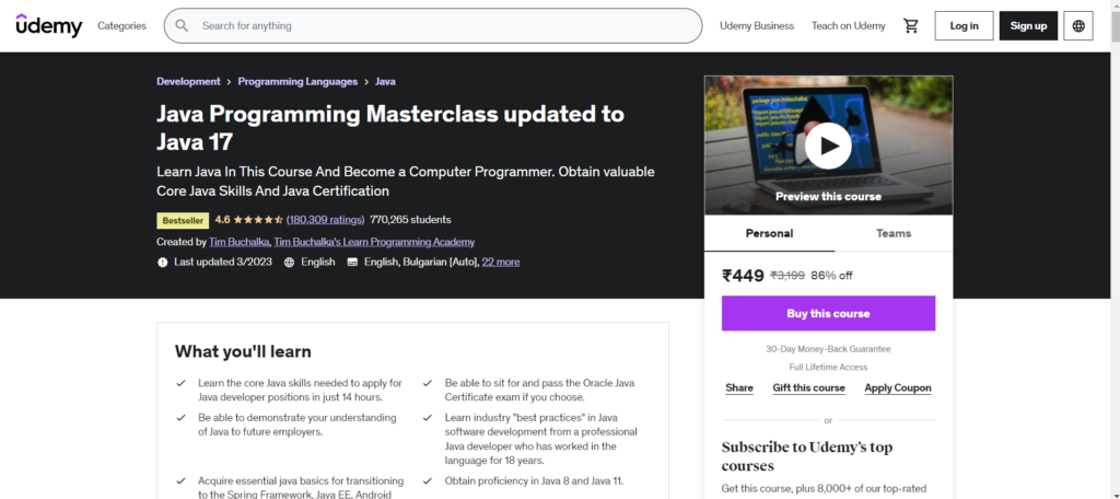 Java Programming Masterclass updated to Java 17  (Udemy)
